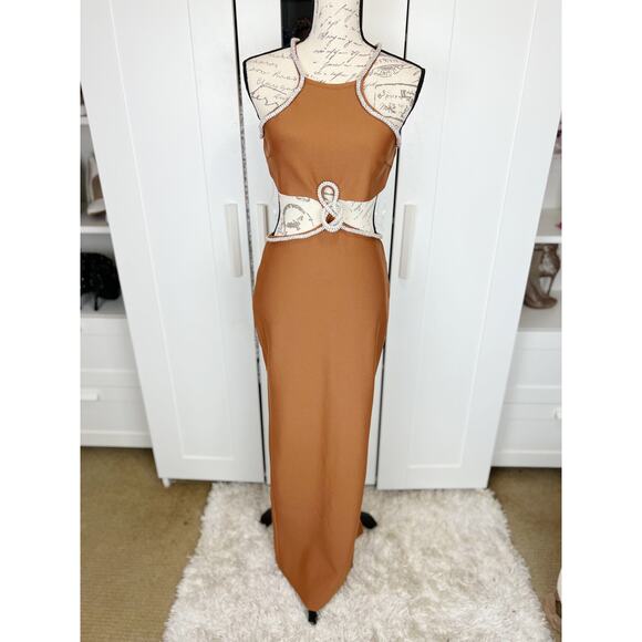 Fashion Nova Luxe NWT Knotty Embellished Bodycon Maxi Dress Cognac Brown Size L - Picture 6 of 14